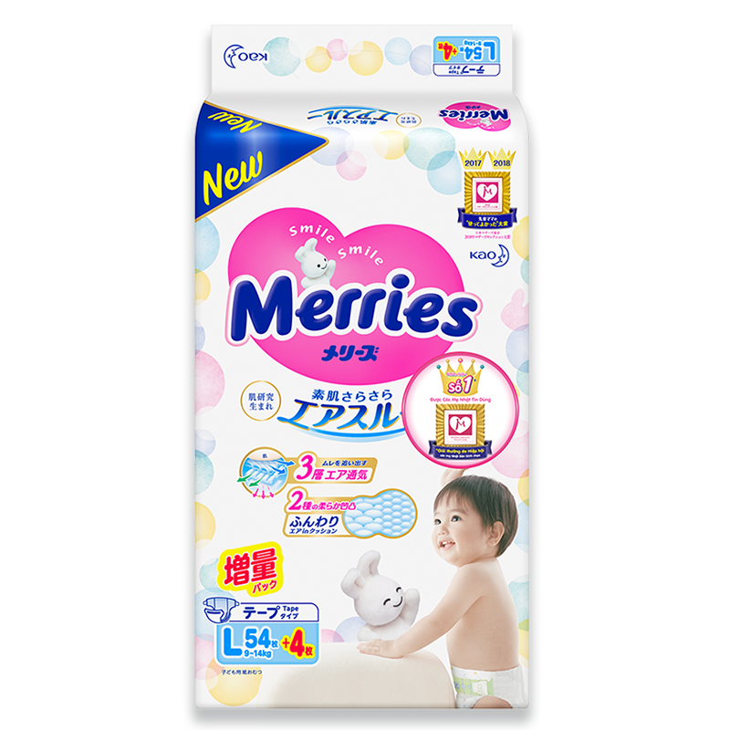 Tã - Bỉm dán Merries L54 + 4 miếng (9-14kg)