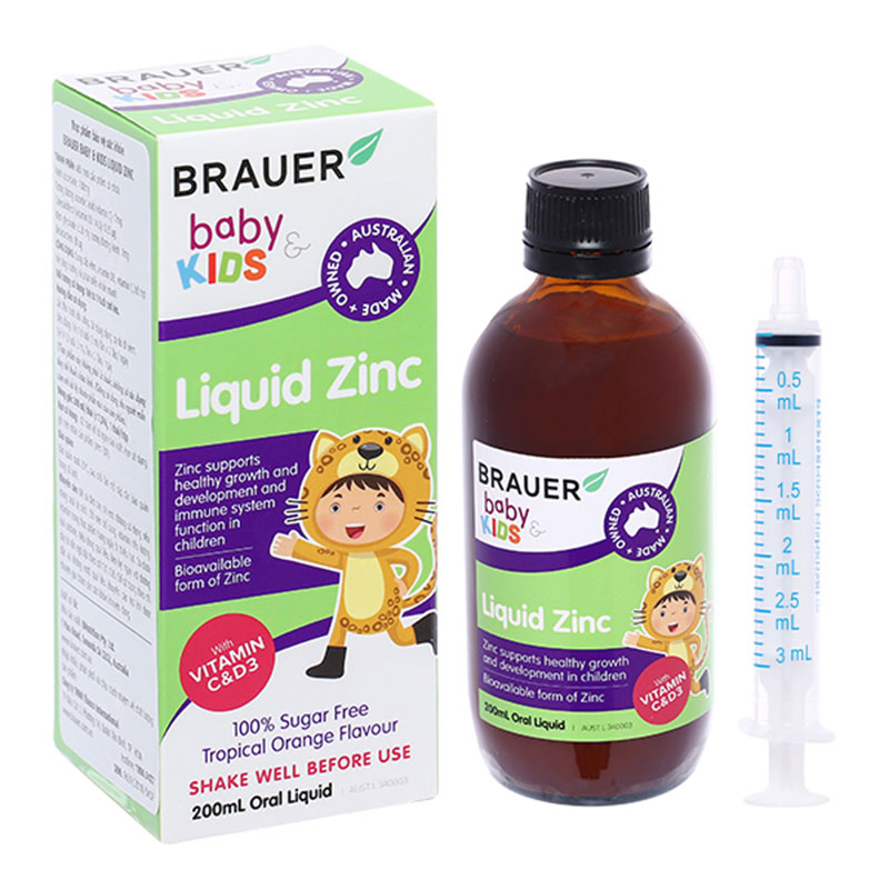 Siro Brauer Liquid Zinc bổ sung kẽm, vitamin D3 và C 200ml (từ 1 tuổi)