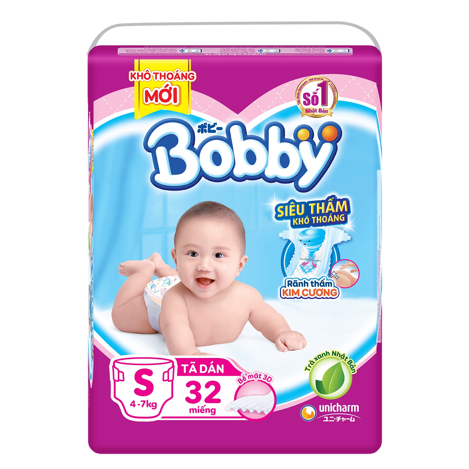 Bỉm - Tã dán Bobby size S 32 miếng (cho bé 4 - 7kg)