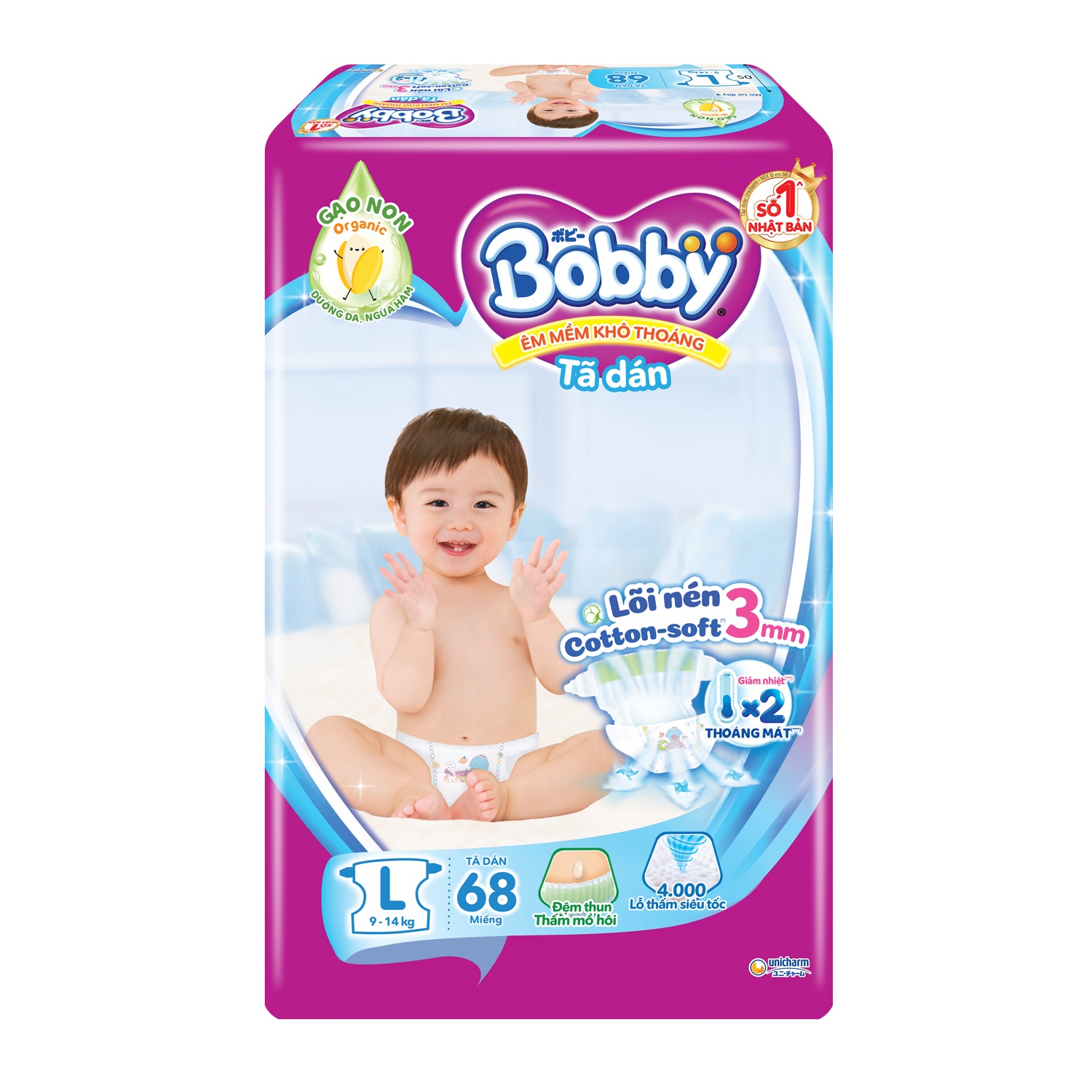 Bỉm - Tã dán Bobby size L 68 miếng (cho bé 9 - 13kg)