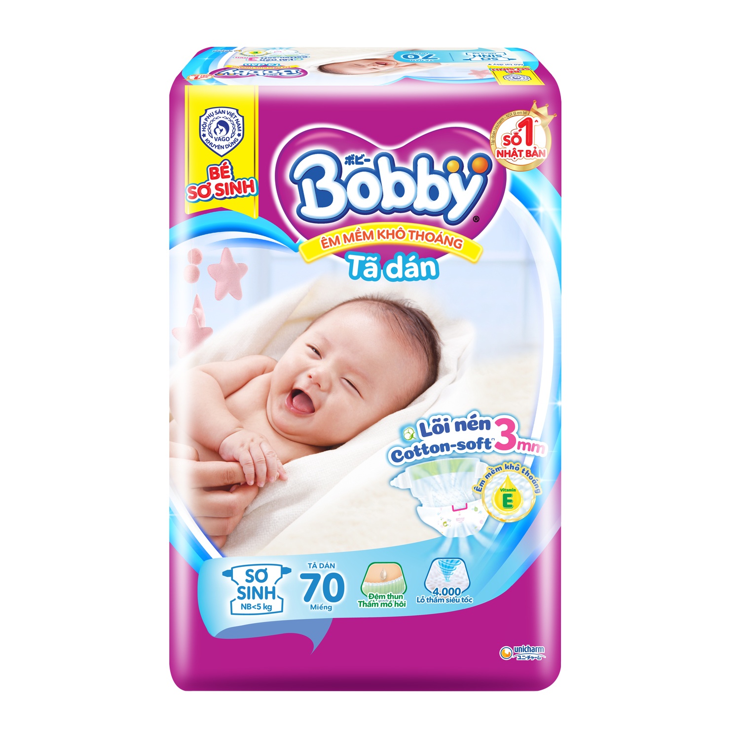 Bỉm - Tã dán Bobby size XS 70 miếng (cho bé <5kg)