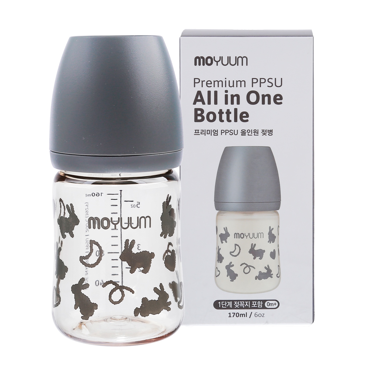 Bình sữa Moyuum màu xám PPSU in hình thỏ Rabbit 170ml